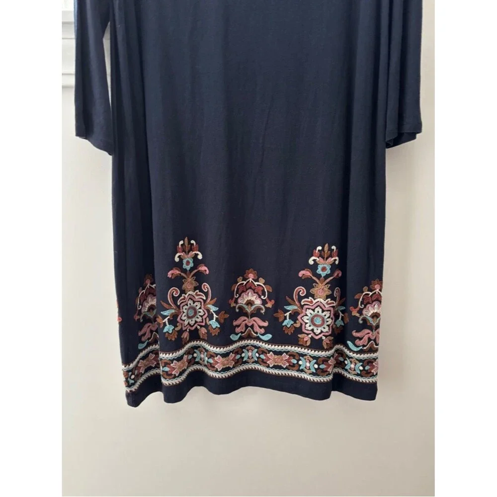 J. Jill Embroidered Floral Long Sleeve Shift Dress L Navy Blue Boho Chic Coastal